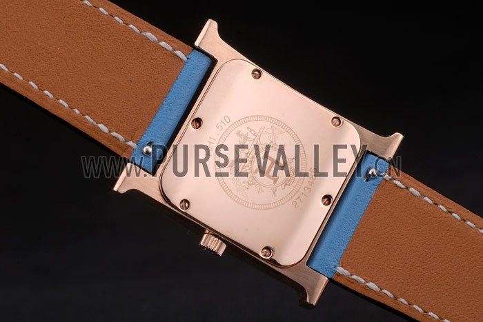 Hermes Heure H Rose Gold Diamond Encrusted Bezel Blue Leather Strap White Dial 80238