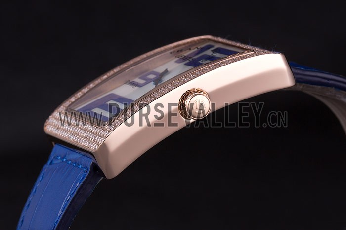 Franck Muller Infinity Diamond Encrusted Rose Gold Bezel Blue Croco Bracelet 80277