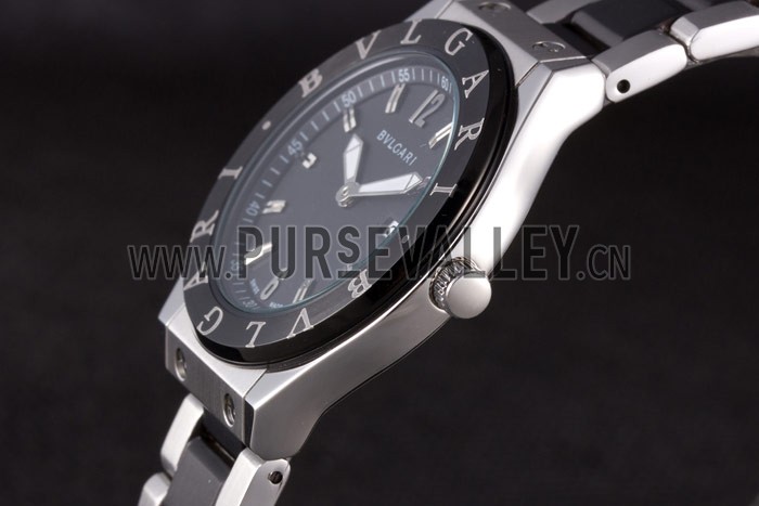 Bvlgari Diagono 40mm Black Dial Steel Case Black Bezel Two Tone Bracelet