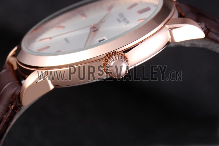 Patek Philipe Calatrava Roze Gold Polished Bezel Brown Leather Bracelet 801430