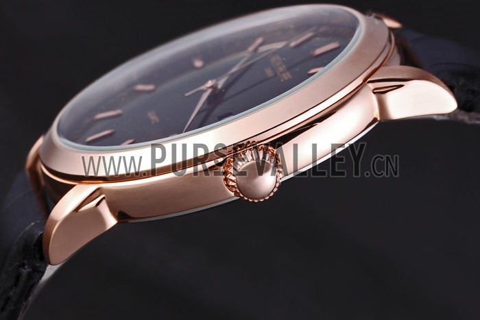 Patek Philipe Calatrava Roze Gold Polished Bezel Black Leather Bracelet 801432