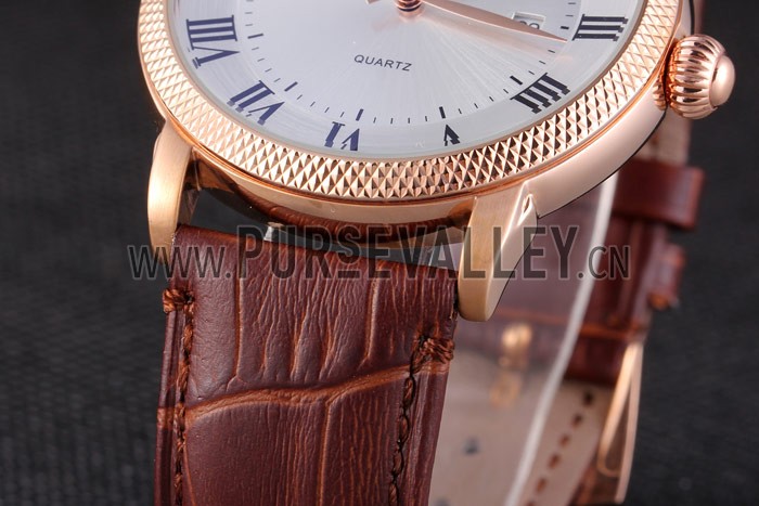 Patek Philipe Calatrava Roze Gold Ribbed Bezel Brown Leather Bracelet 801434