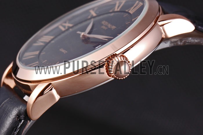 Patek Philipe Calatrava Roze Gold Polished Bezel Black Leather Bracelet 801435
