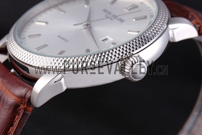 Patek Philipe Calatrava Stainless Steel Ribbed Bezel Brown Leather Bracelet 801429