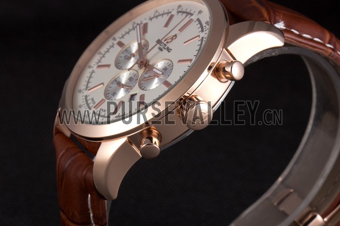 Breitling Transocean White Dial Brown Leather Strap Rose Gold Bezel