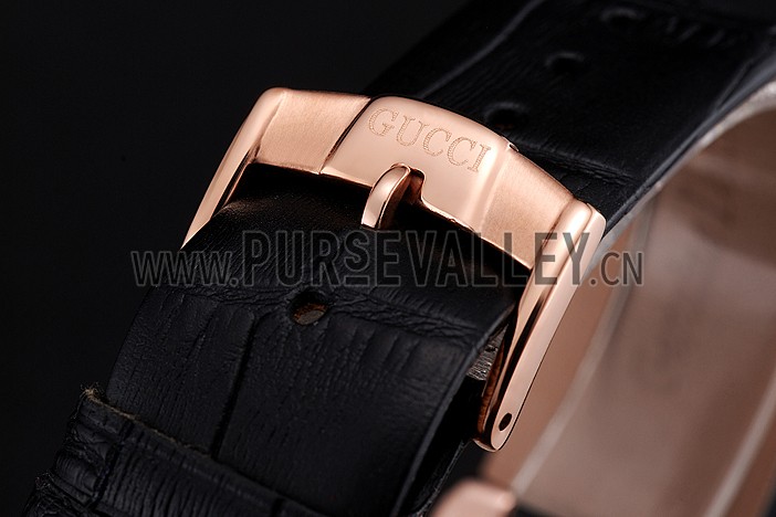 Gucci Interlocking Rose Gold Bezel with Diamonds and Black Leather Band 621514