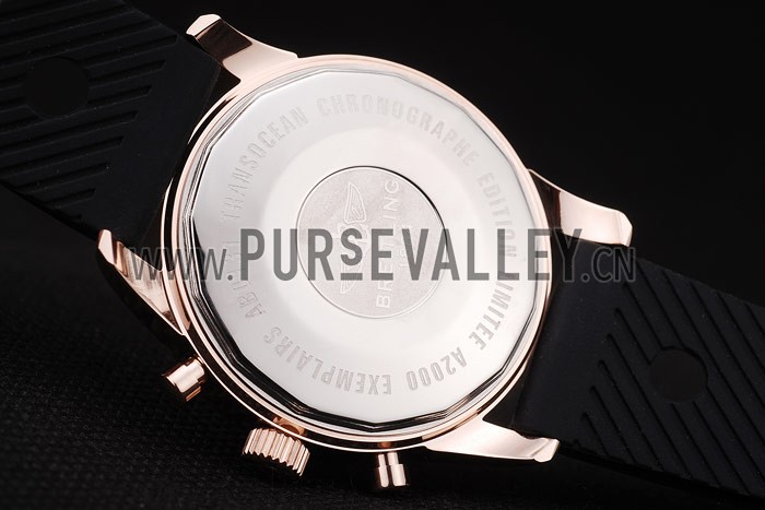 Breitling Transocean Black Dial Black Rubber Strap Rose Gold Bezel 98207