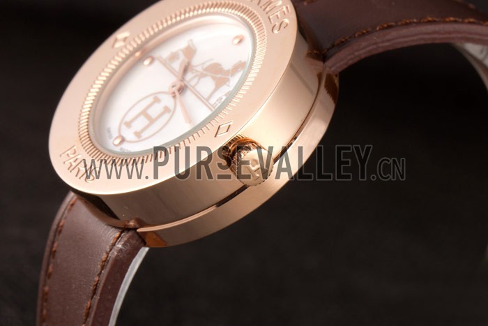 Hermes Classic MOP Dial Brown Leather Bracelet 801389