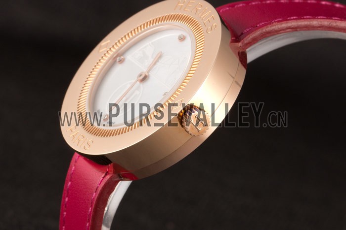 Hermes Classic MOP Dial Magenta Leather Bracelet 801388