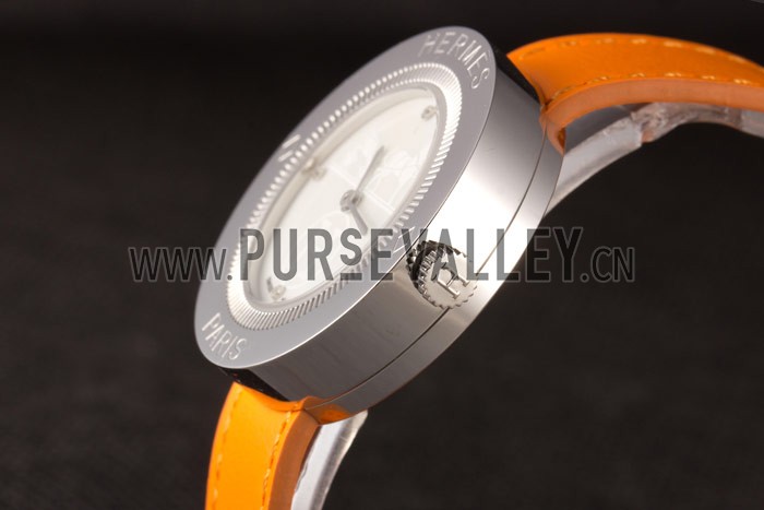 Hermes Classic MOP Dial Orange Leather Bracelet 801390