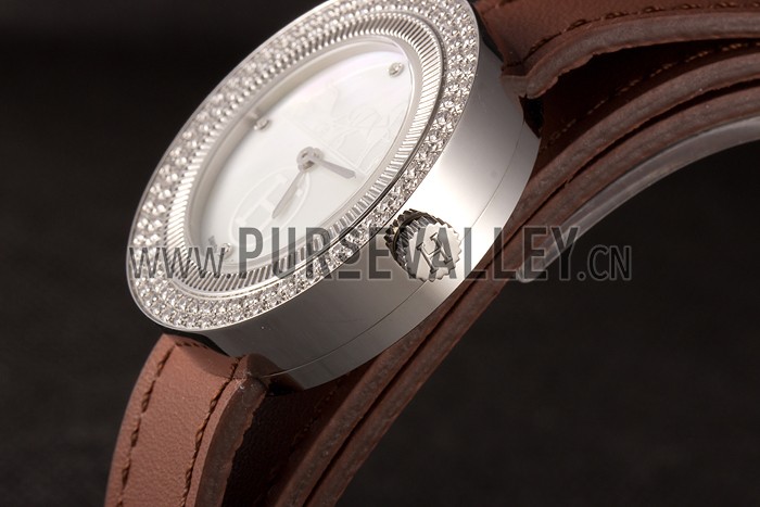 Hermes Classic MOP Dial Brown Elongated Leather Bracelet 801393