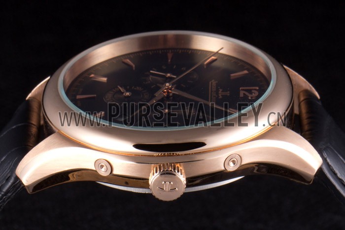 Jaeger Lecoultre Master Chronograph Gold Bezel Black Leather Band 621619