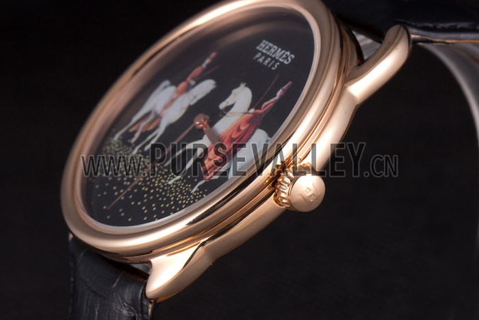 Hermes Classic Croco Leather Strap Black Dial 801397