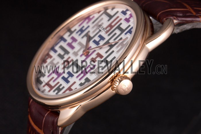 Hermes Classic Croco Leather Strap Multicolor Patterned Logo Dial 801402