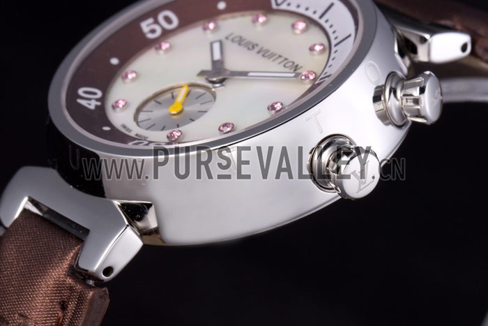 Louis Vuitton Tambour Brown Leather Bracelet White Dial 801420