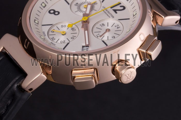 Louis Vuitton Tambour Black Leather Bracelet White Dial 801418