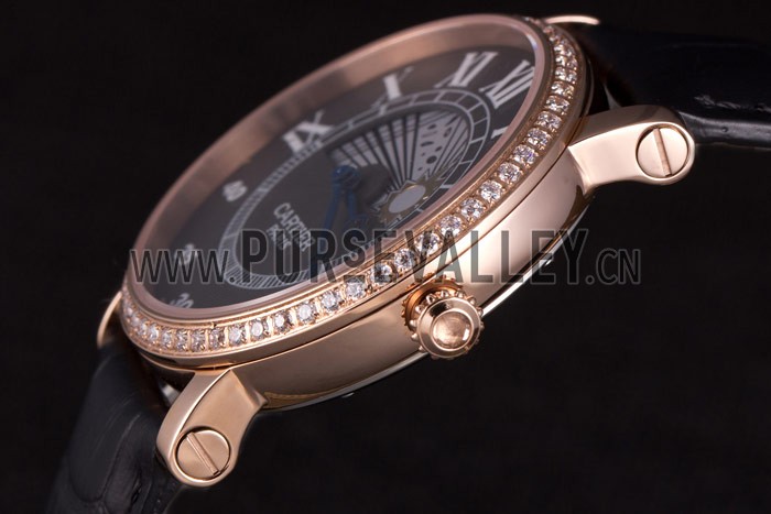 Cartier Moonphase Rose Gold Watch with Black Leather Band ct251 621370