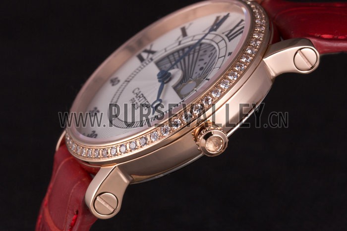 Cartier Moonphase Rose Gold Watch with Red Leather Band ct253 621372