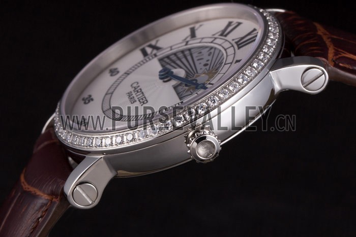 Cartier Moonphase Silver Watch with Brown Leather Band ct256 621375