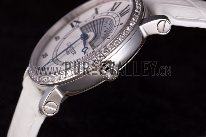 Cartier Moonphase Silver Watch with White Leather Band ct257 621376