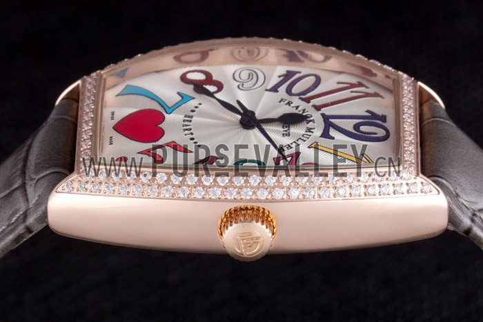 Franck Muller Heart Diamond Gold Bezel Grey Leather Band 621591