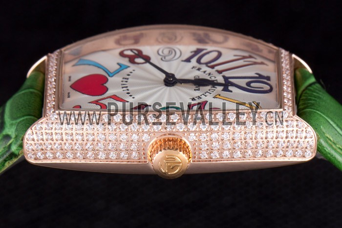 Franck Muller Heart Diamond Gold Bezel Green Leather Band 621593