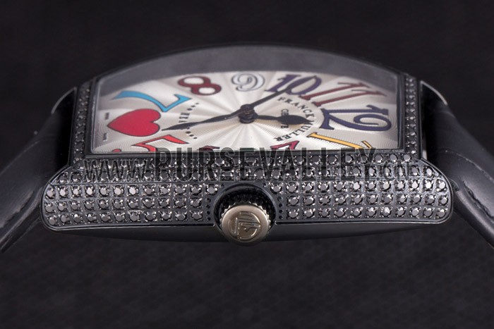Franck Muller Heart Diamond Silver Bezel Black Leather Band 621595
