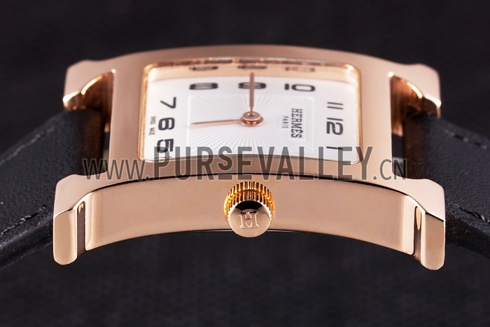 Hermes Heure H Rose Gold Bezel Black Leather Strap White Dial 80235