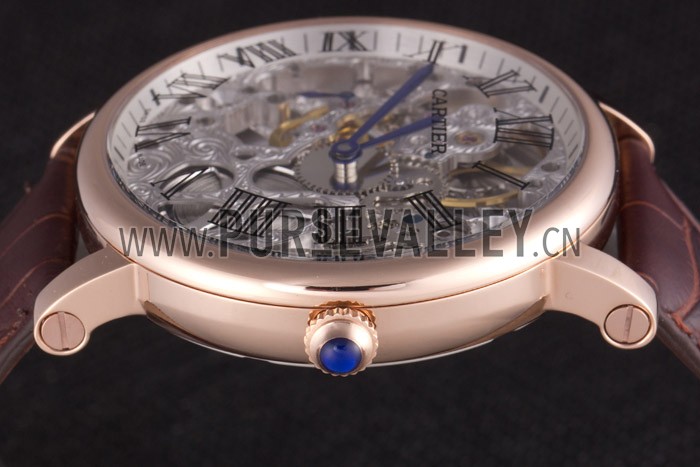 Cartier Luxury Skeleton Watch with Rose Gold Bezel and Brown Leather Band 621557