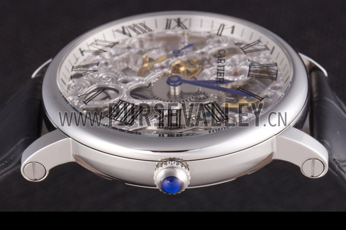 Cartier Luxury Skeleton Watch with Silver Bezel and Black Leather Band 621559