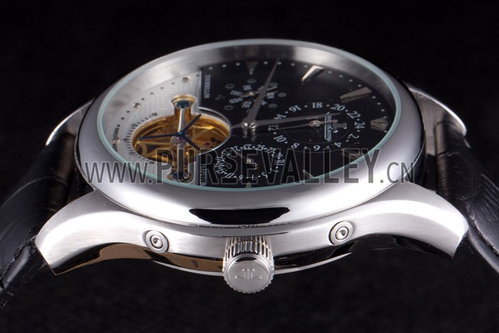 Jaeger Lecoultre Tourbillon Perpetuel Silver Bezel Black Leather Band 621614