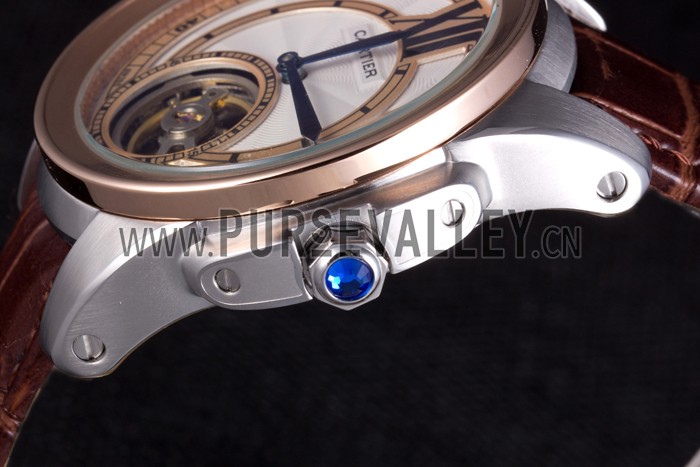 Cartier Calibre Flying Tourbillon White Dial Two Tone Case Brown Leather Bracelet
