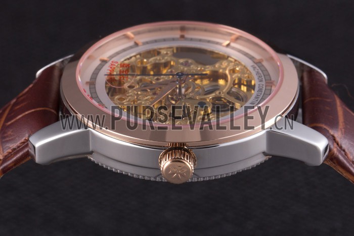 Vacheron Constantin White Skeleton Watch with Rose Gold Bezel and Brown Leather Strap 621539