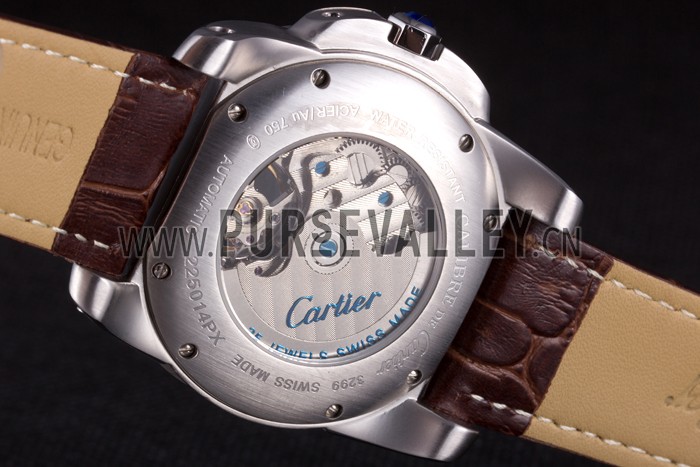 Cartier Calibre Flying Tourbillon White Dial Stainless Steel Case Brown Leather Bracelet