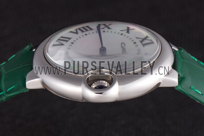 Cartier Ballon Bleu Silver Bezel with Pearl Dial Green Leather Band 621552