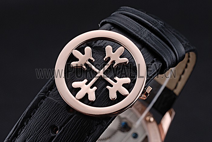 Patek Philippe Geneve Two Dial Black Dial Rose Gold Bezel Black Leather Band 622146