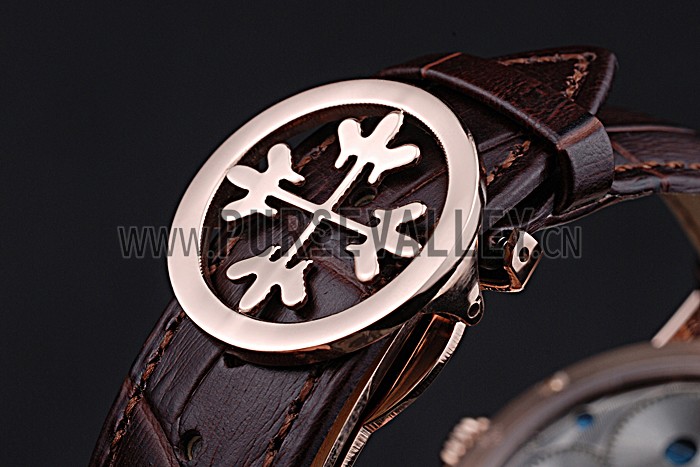 Patek Philippe Geneve Two Dial Rose Dial Rose Gold Bezel Brown Leather Band 622149