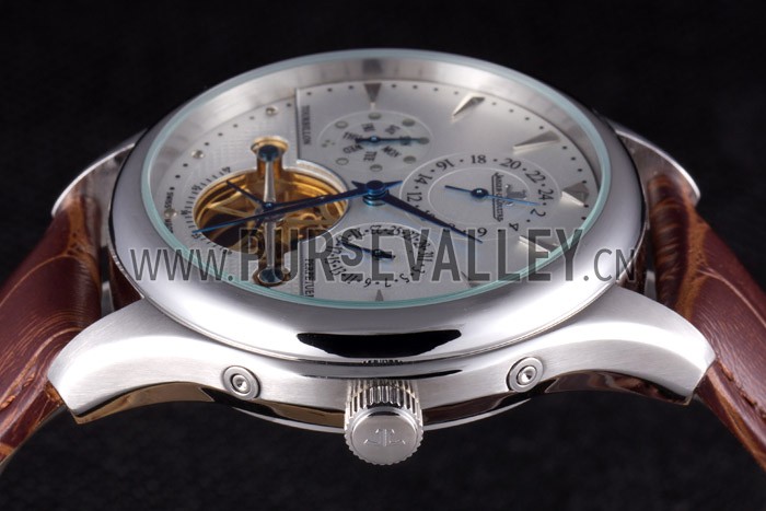 Jaeger Lecoultre Tourbillon Perpetuel Silver Bezel Brown Leather Band 621617