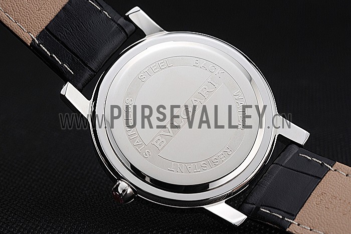 Bvlgari Black Dial Stainless Steel Case Black Leather Bracelet 622431