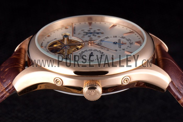 Jaeger Lecoultre Tourbillon Perpetuel Gold Bezel Brown Leather Band 621618