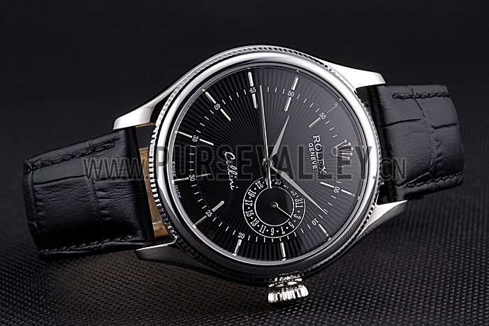 Rolex Cellini Black Dial Stainless Steel Case Black Leather Bracelet 622724