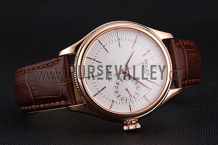 Rolex Cellini White Rose Dial Gold Case Brown Leather Bracelet 622725