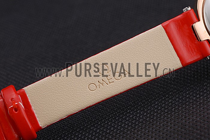 Omega Ladies Watch Pink Dial Gold Case With Diamonds Red Leather Strap 622831