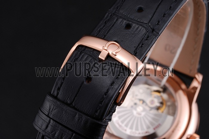 Omega De Ville Prestige Co-Axial Black Dial Rose Gold Diamond Case Black Leather Strap Roman Numeral