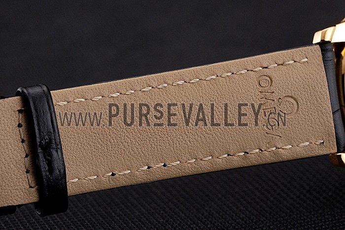 Omega De Ville Prestige White Dial Gold Case Black Leather Strap