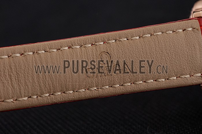 Omega De Ville Prestige Small Seconds White Dial Diamond Bezel Rose Gold Case Red Leather Strap