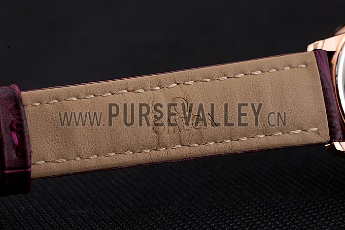 Omega De Ville Prestige Small Seconds White Dial Diamond Bezel Rose Gold Case Purple Leather Strap