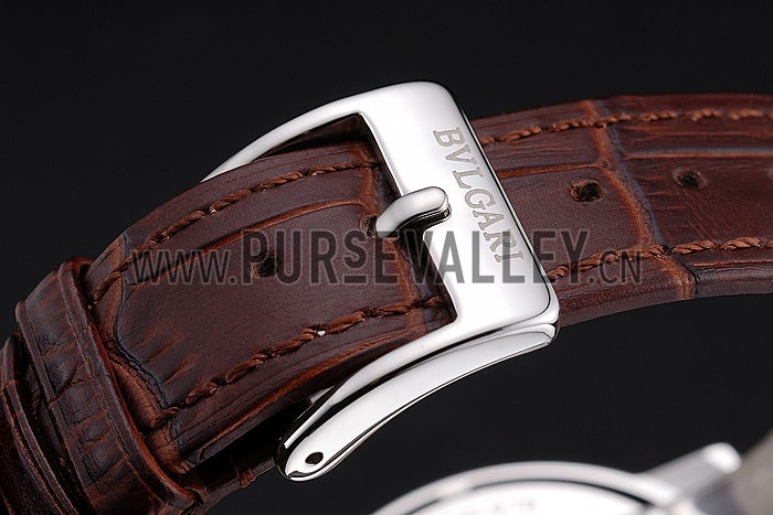 Bvlgari Novelties White Dial Silver Case Brown Leather Strap