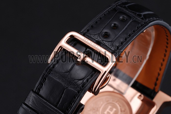 Hermes Heure H White Dial Gold Case Black Leather Strap