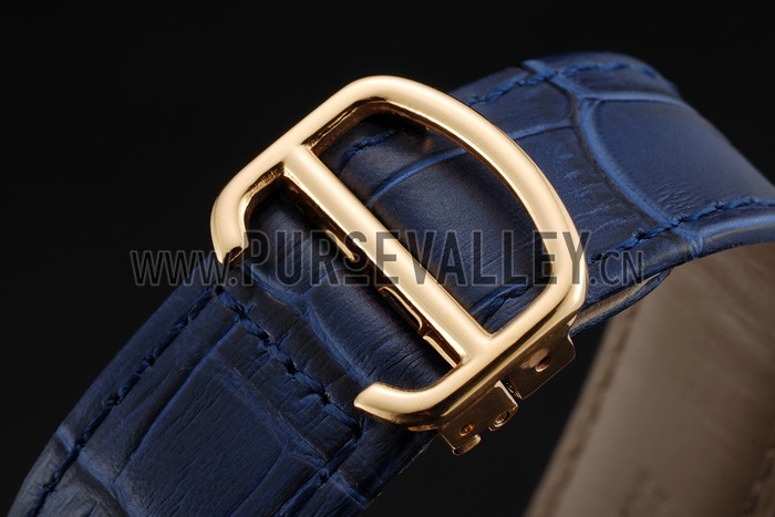 Swiss Cartier Ronde Solo Blue Dial Gold Diamond Case Blue Leather Strap